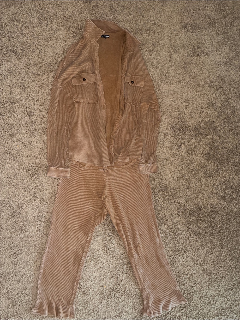 Fashion Nova Ribbed Two-Piece Jumpsuit Set in Taupe